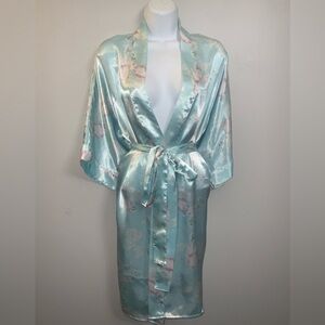 Preloved Vintage Satin Floral Kimono Robe in Light Aqua Sz S/M